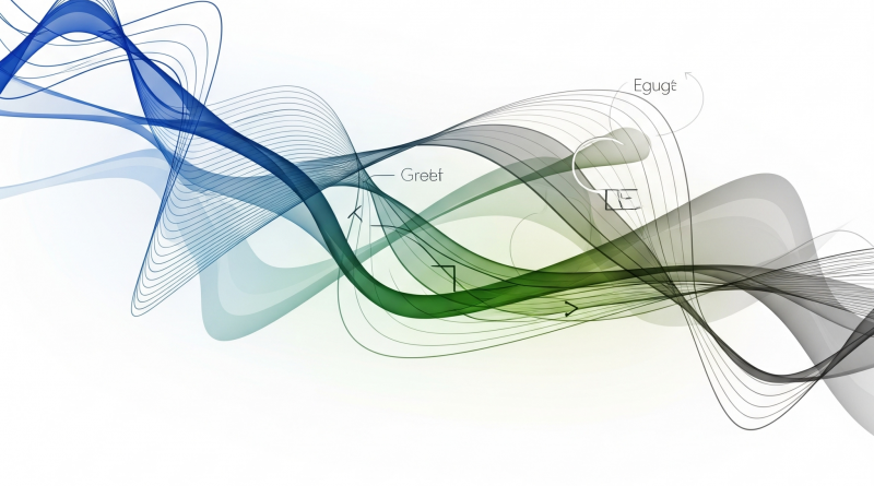 Abstraktes und modernes Bild mit sich verbindenden blauen, grünen und grauen Linien und Formen, die an Datenfluss und Diagramme erinnern.