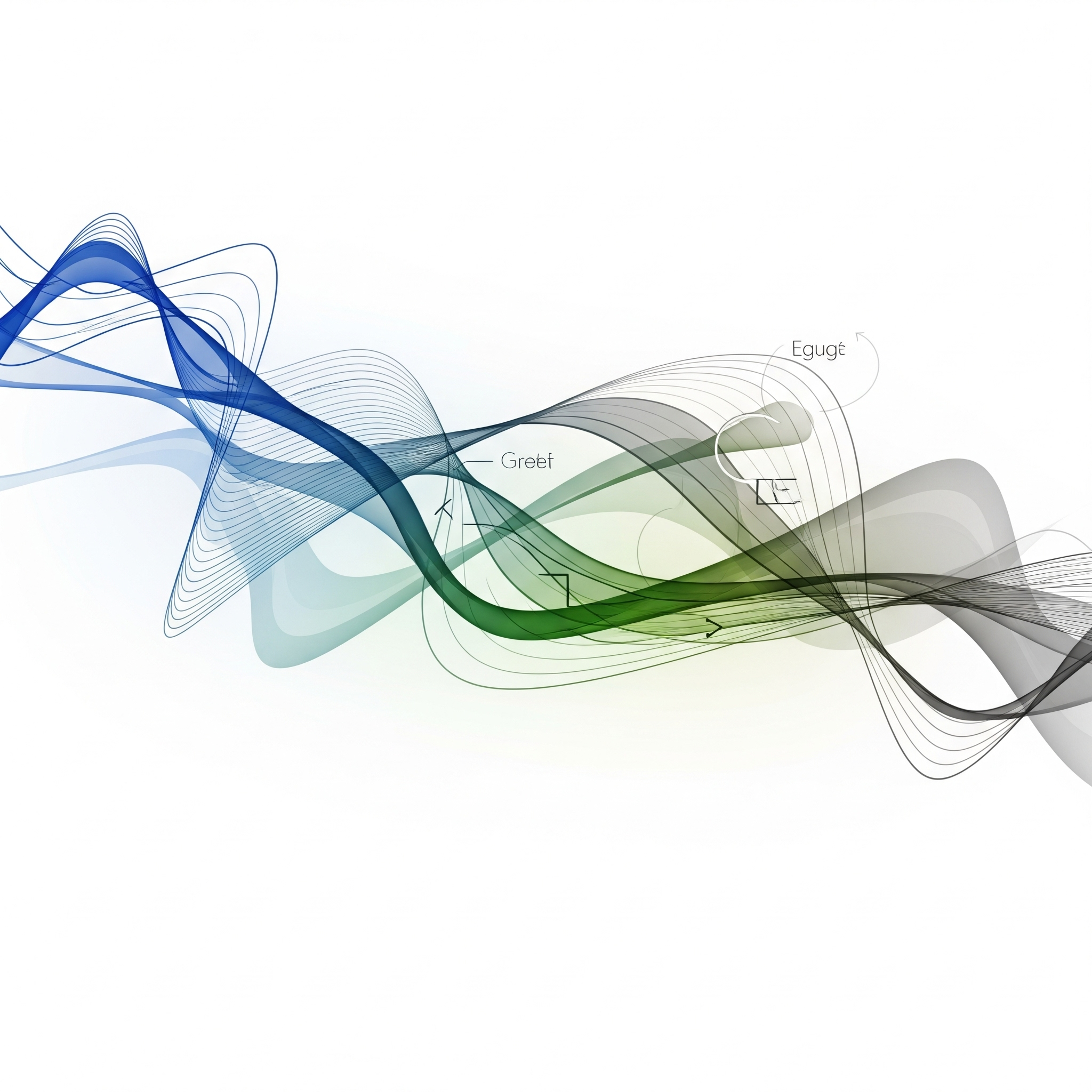 Abstraktes und modernes Bild mit sich verbindenden blauen, grünen und grauen Linien und Formen, die an Datenfluss und Diagramme erinnern.