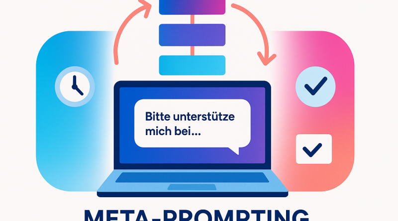 Flat-Design-Grafik eines Laptops mit Chat-Blase „Bitte unterstütze mich bei…“, darüber übereinander liegende, blau-magenta verlaufende Blöcke mit Pfeilen als Kreislauf, links Uhr-Icon, rechts Haken-Icon, weißer Hintergrund.