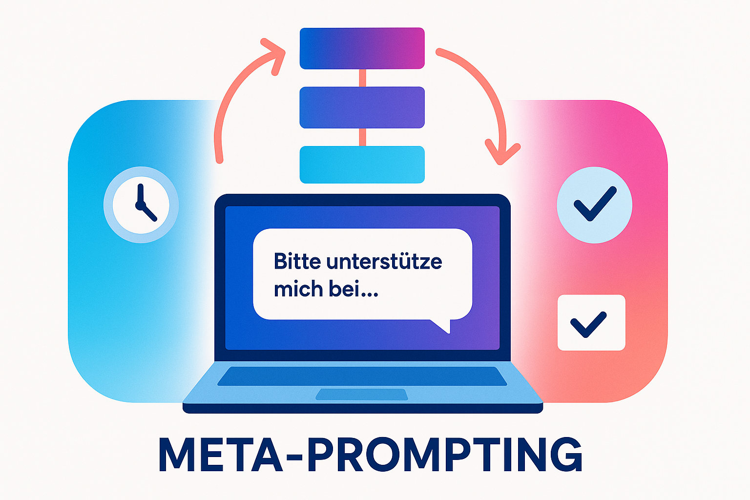 Flat-Design-Grafik eines Laptops mit Chat-Blase „Bitte unterstütze mich bei…“, darüber übereinander liegende, blau-magenta verlaufende Blöcke mit Pfeilen als Kreislauf, links Uhr-Icon, rechts Haken-Icon, weißer Hintergrund.