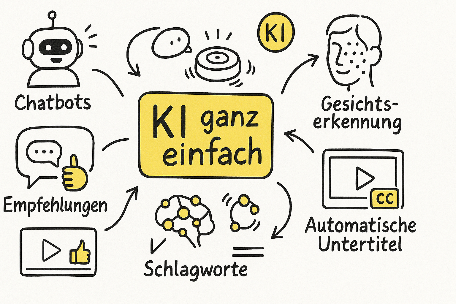 Handgezeichnete Sketchnote zeigt zentrale KI-Anwendungen wie Chatbots, Empfehlungen, Robotersauger, Gesichtserkennung und automatische Untertitel rund um den Titel ‚KI ganz einfach‘.