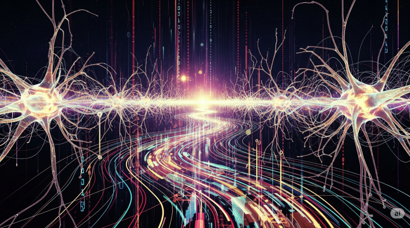 Abstrakte Darstellung fortgeschrittener KI-Prompt-Techniken mit leuchtenden neuronalen Netzen und fließenden Daten.