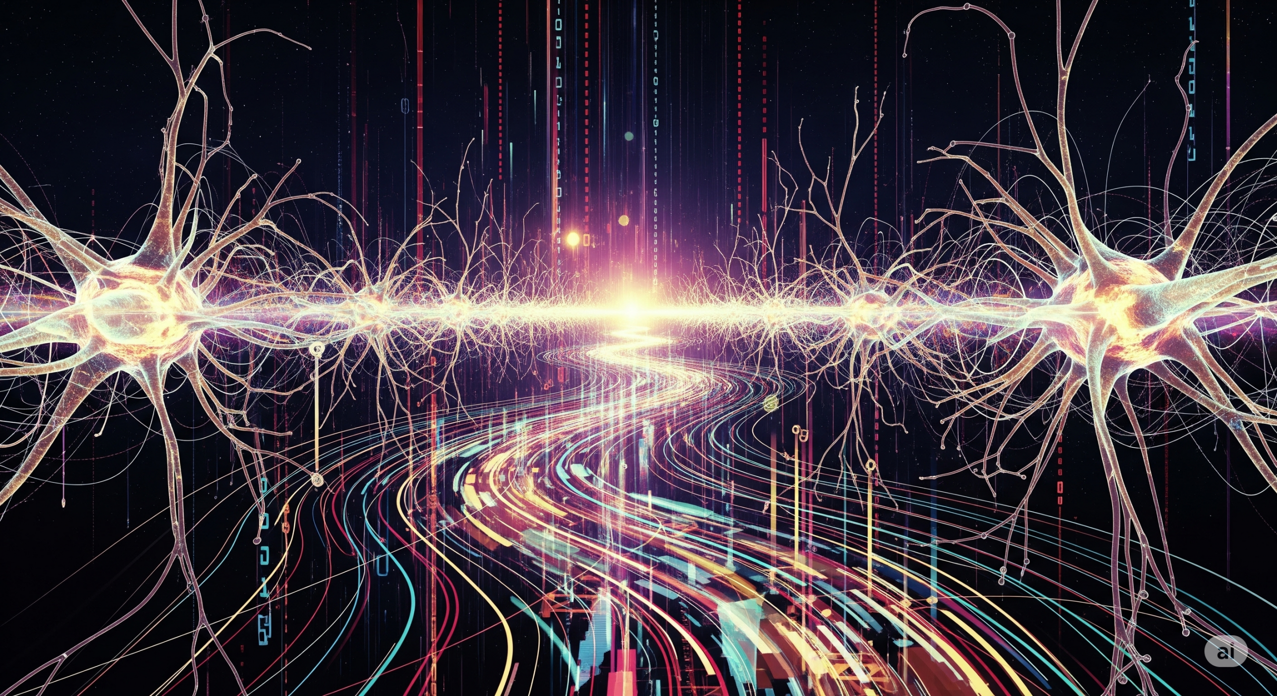 Abstrakte Darstellung fortgeschrittener KI-Prompt-Techniken mit leuchtenden neuronalen Netzen und fließenden Daten.