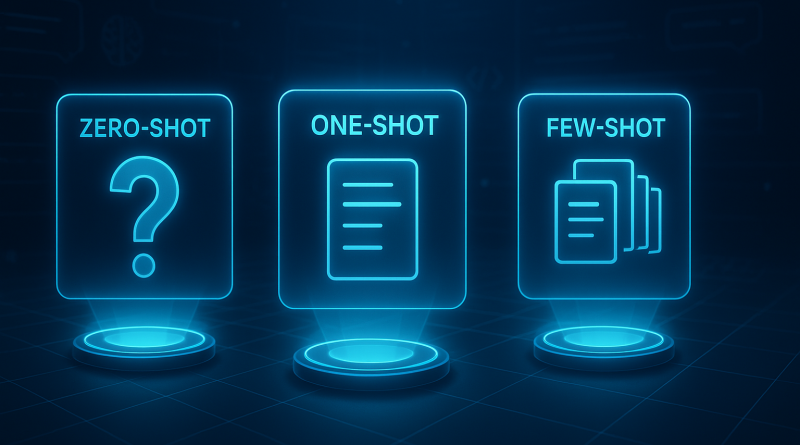 Drei holografische Tafeln mit den Begriffen Zero-Shot, One-Shot und Few-Shot schweben in einem futuristischen, digital-blauen Raum. Jede Tafel zeigt ein passendes Symbol: ein Fragezeichen, ein einzelnes Dokument und mehrere Dokumente.