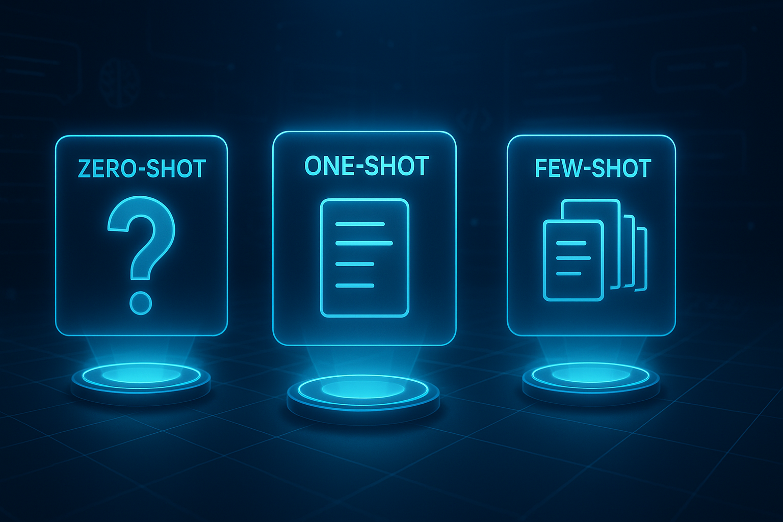 Drei holografische Tafeln mit den Begriffen Zero-Shot, One-Shot und Few-Shot schweben in einem futuristischen, digital-blauen Raum. Jede Tafel zeigt ein passendes Symbol: ein Fragezeichen, ein einzelnes Dokument und mehrere Dokumente.