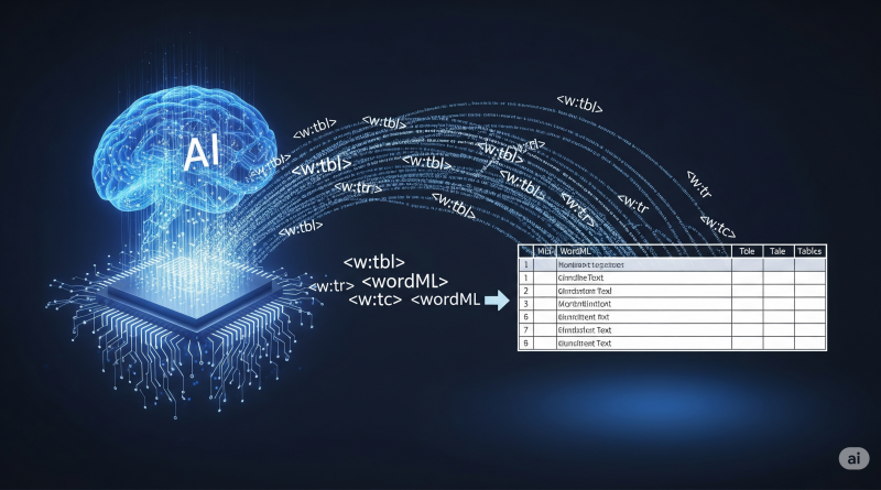 Digitale Darstellung einer KI, symbolisiert durch ein Gehirn oder eine Platine, die WordML-Code generiert, der sich zu einer strukturierten Tabelle formt. Datenflüsse verbinden die KI mit den WordML-Tags wie , und , um die Automatisierung der Tabellenerstellung zu zeigen.