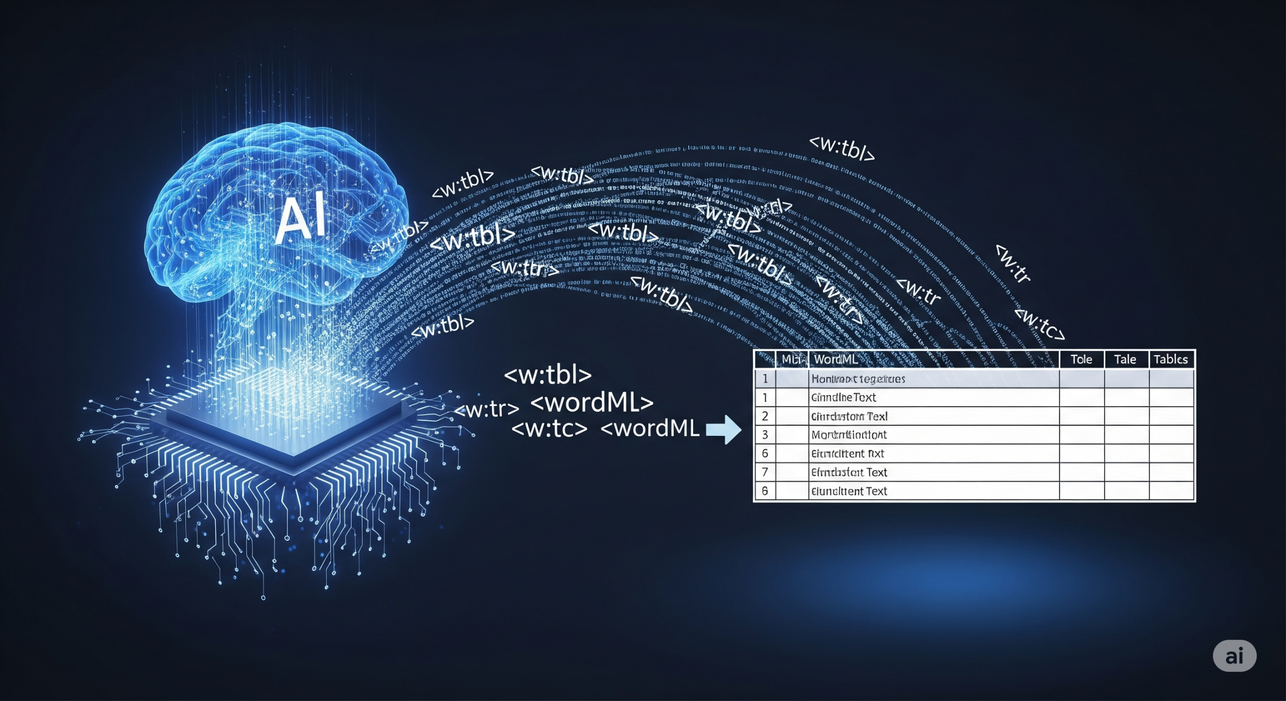 Digitale Darstellung einer KI, symbolisiert durch ein Gehirn oder eine Platine, die WordML-Code generiert, der sich zu einer strukturierten Tabelle formt. Datenflüsse verbinden die KI mit den WordML-Tags wie , und , um die Automatisierung der Tabellenerstellung zu zeigen.