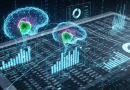 Eine digitale Illustration, die eine KI-Analyse einer komplexen Excel-Tabelle darstellt, mit leuchtenden neuronalen Netzwerken, die Datenpunkte zu Grafiken verbinden.