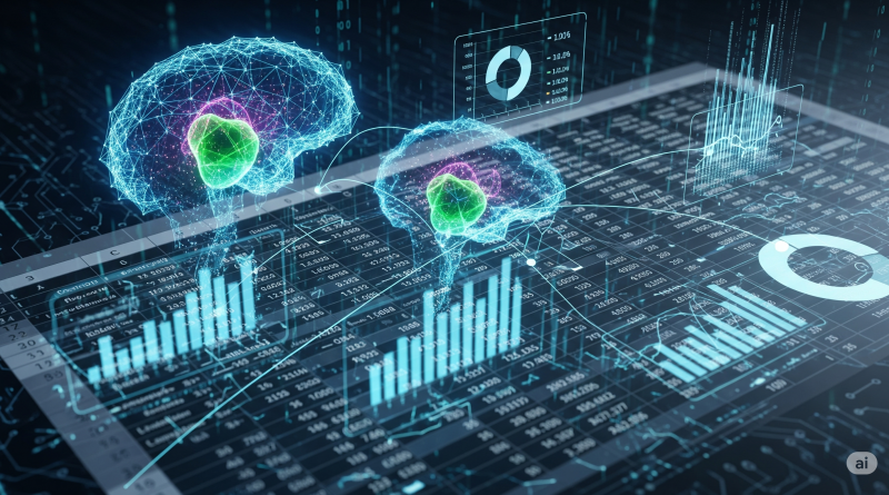 Eine digitale Illustration, die eine KI-Analyse einer komplexen Excel-Tabelle darstellt, mit leuchtenden neuronalen Netzwerken, die Datenpunkte zu Grafiken verbinden.