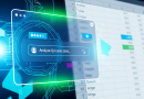 Eine digitale Illustration, die eine KI-Chatbot-Oberfläche über einer Excel-Tabelle zeigt. Es symbolisiert die Erstellung von Beispieldaten mit KI.
