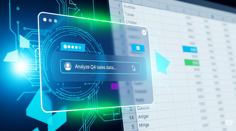 Eine digitale Illustration, die eine KI-Chatbot-Oberfläche über einer Excel-Tabelle zeigt. Es symbolisiert die Erstellung von Beispieldaten mit KI.