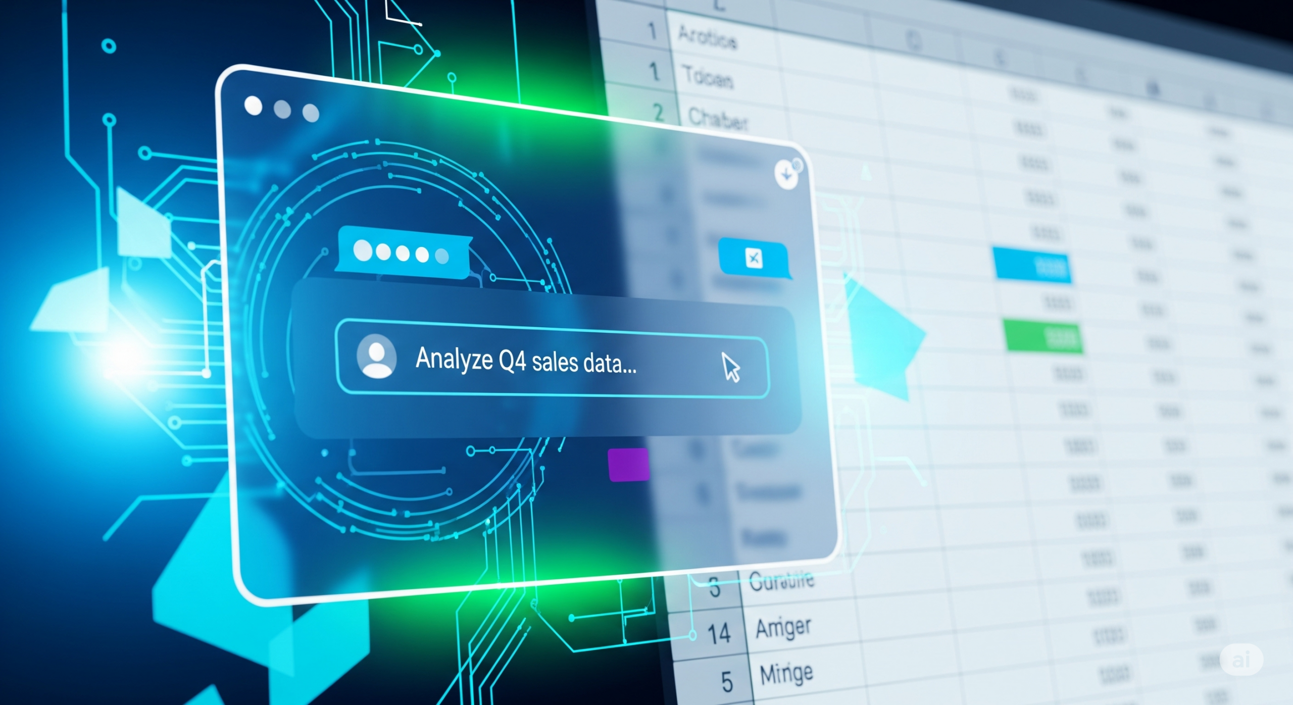 Eine digitale Illustration, die eine KI-Chatbot-Oberfläche über einer Excel-Tabelle zeigt. Es symbolisiert die Erstellung von Beispieldaten mit KI.