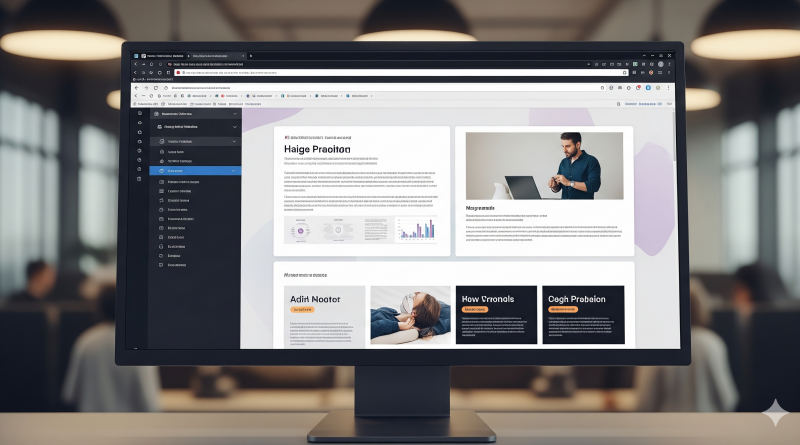 Ein Bildschirm zeigt eine moderne HTML-Präsentation mit klarem Layout.